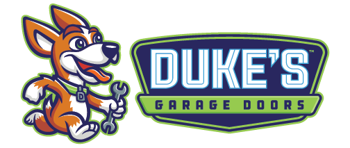 Cartoon dog logo for Duke's Garage Doors.